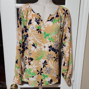 NWT CAbi #6296 Island Blouse Mod Flowers - Yellow, Green, Blue, White Size Small